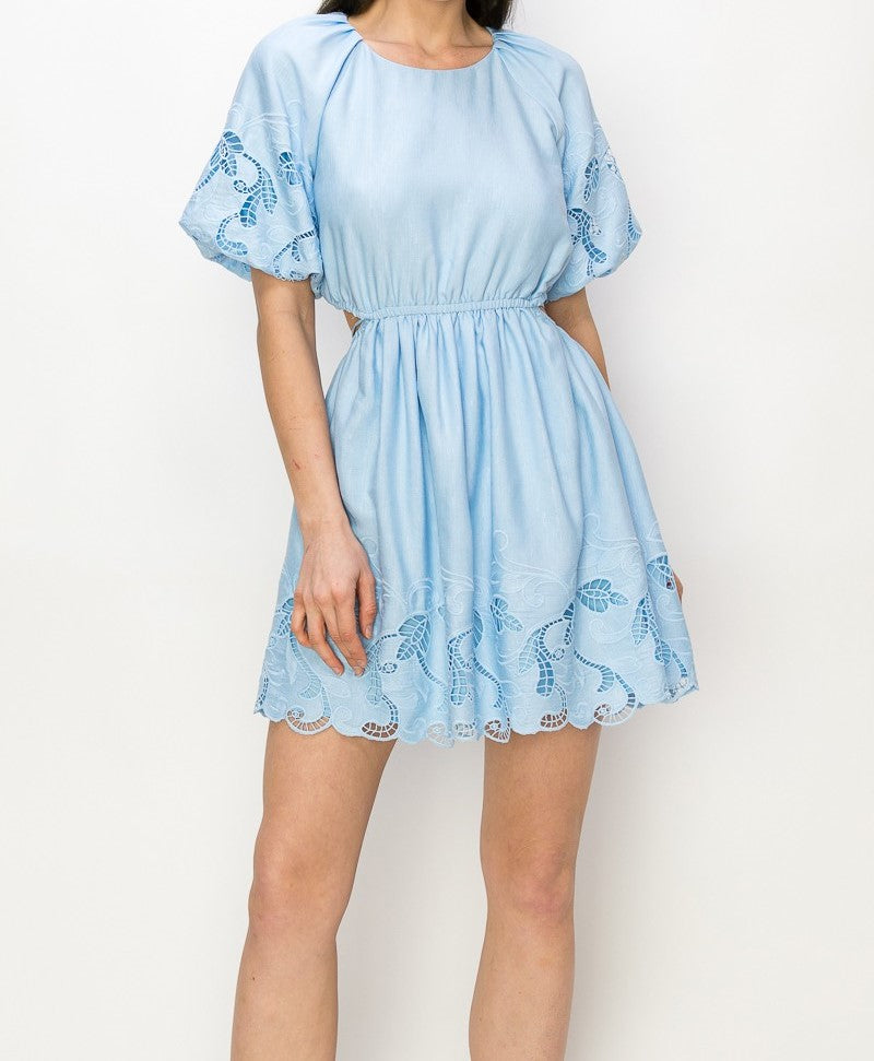 Open Back Puff Sleeve Embroidered Detail Mini Dress
