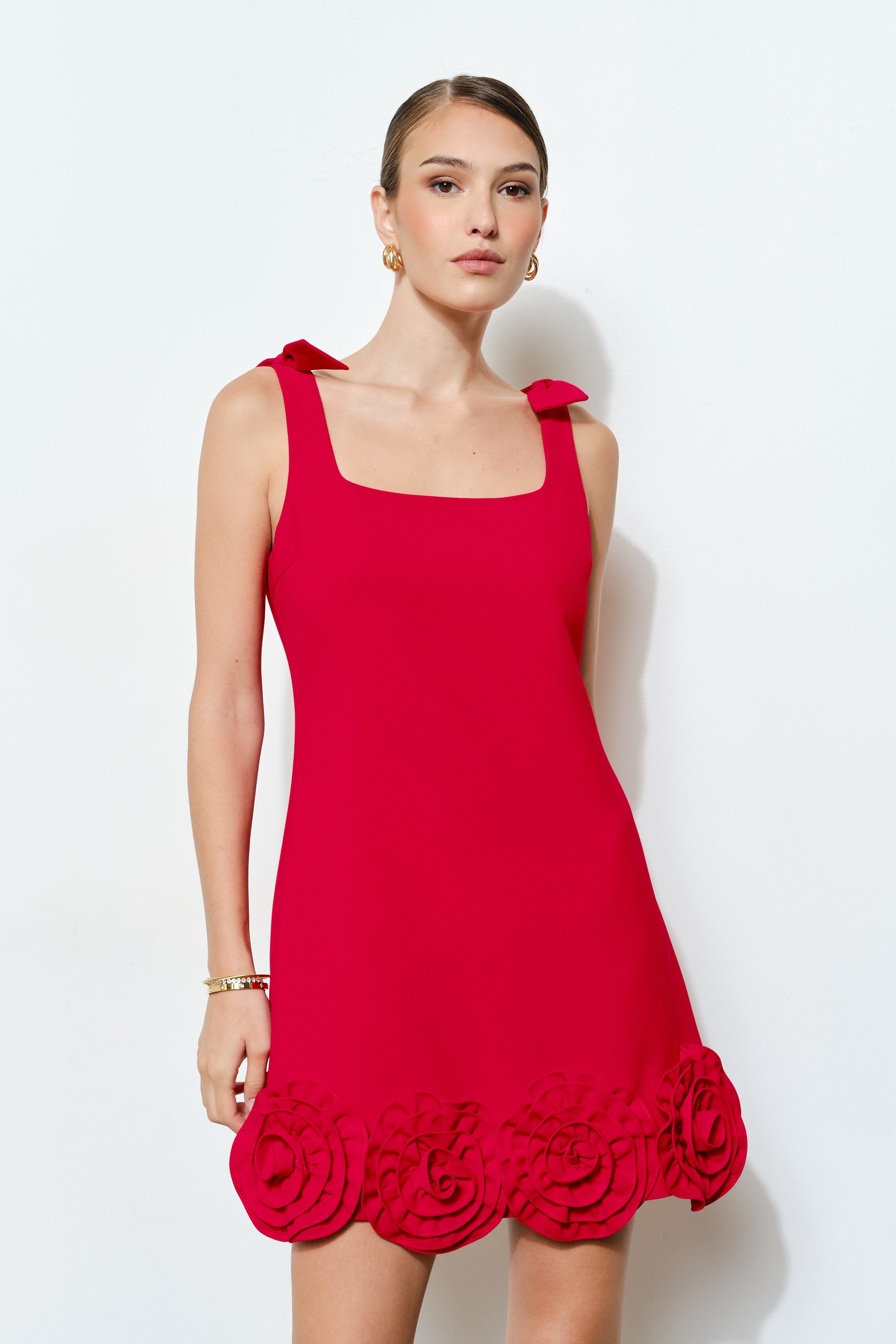 strapless open back dress Rosette Trim Mini Dress L / Red
