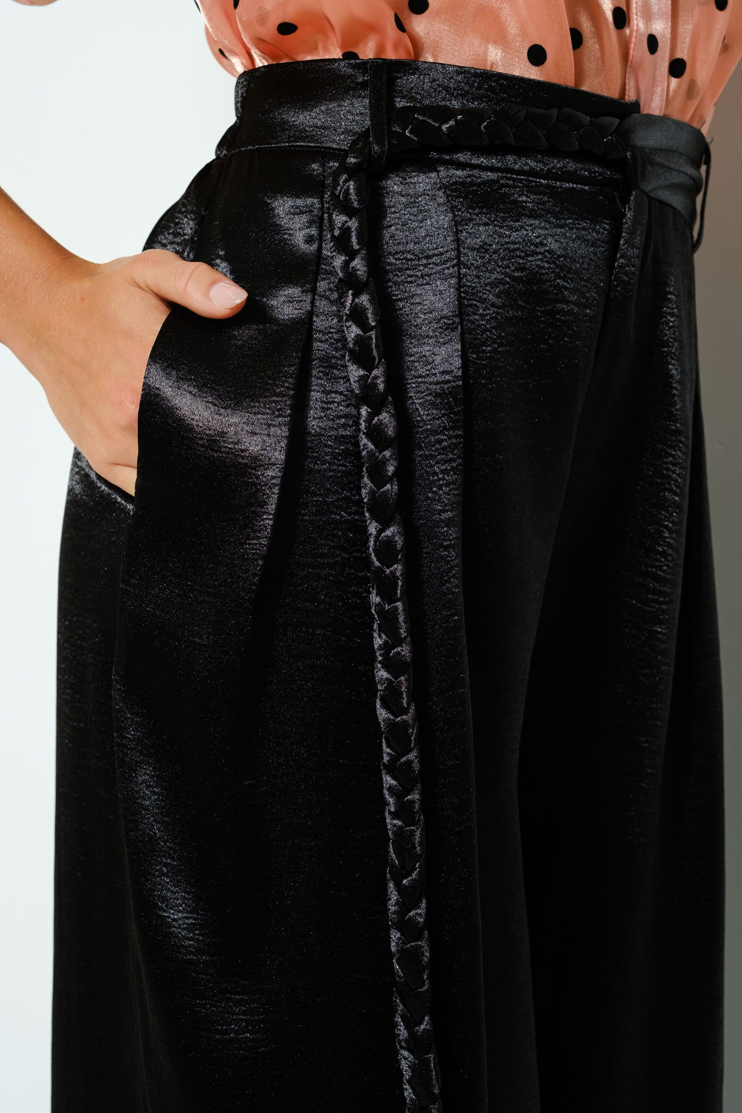 Braided Belt Wide Leg Pants - Black