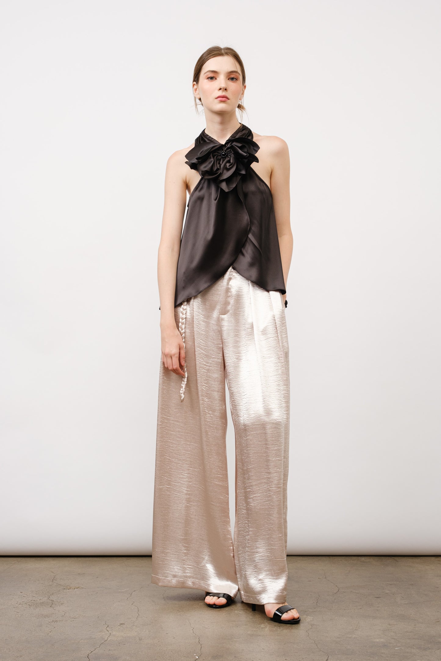 Braided Belt Wide Leg Pants - Champagne