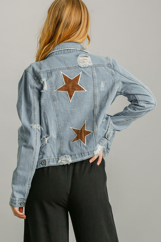 Brown Star Patch Distressed Denim Jacket