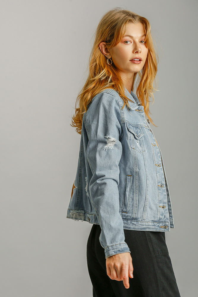 Brown Star Patch Distressed Denim Jacket