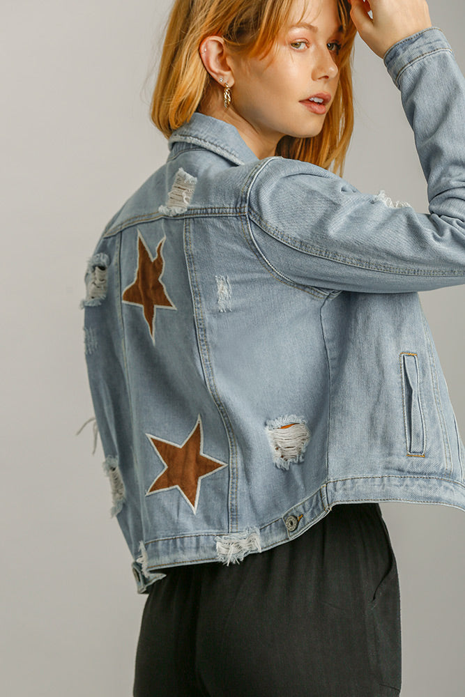 Brown Star Patch Distressed Denim Jacket