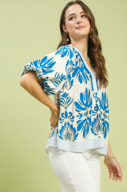 Mixed Print Puff Sleeve Top
