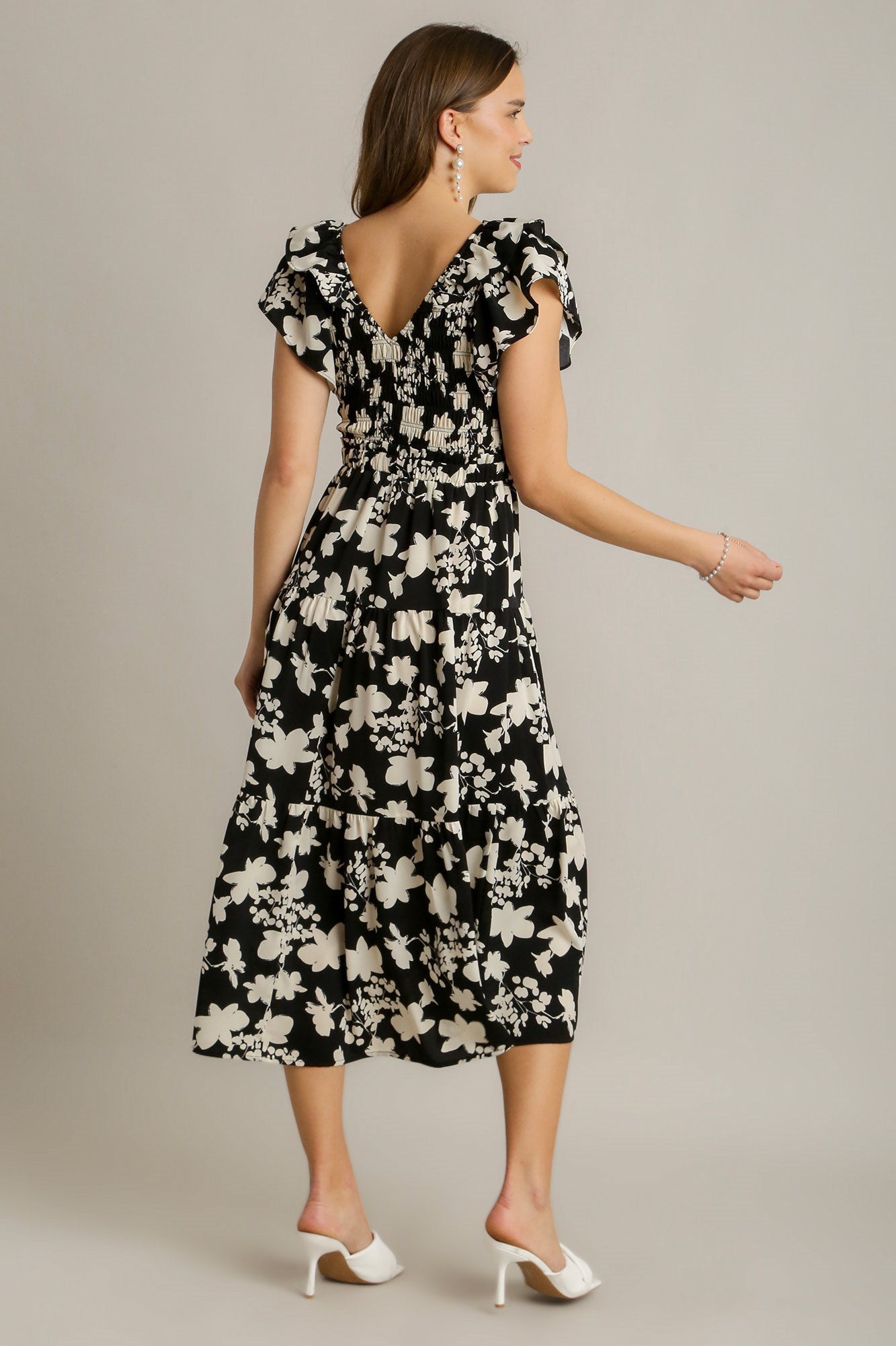 Black Floral Print Smocked Dress