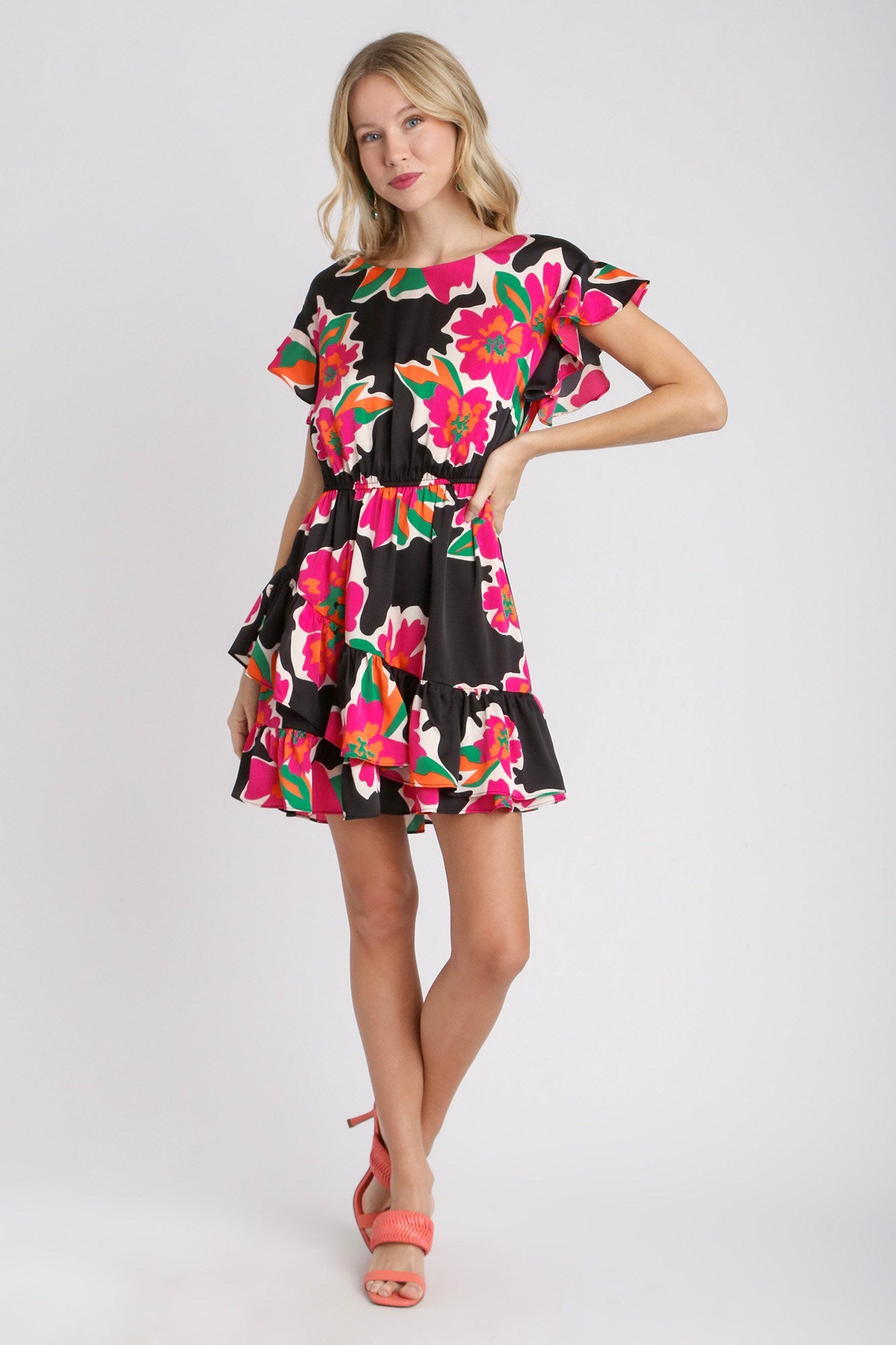 Asymmetrical Floral Satin Dress