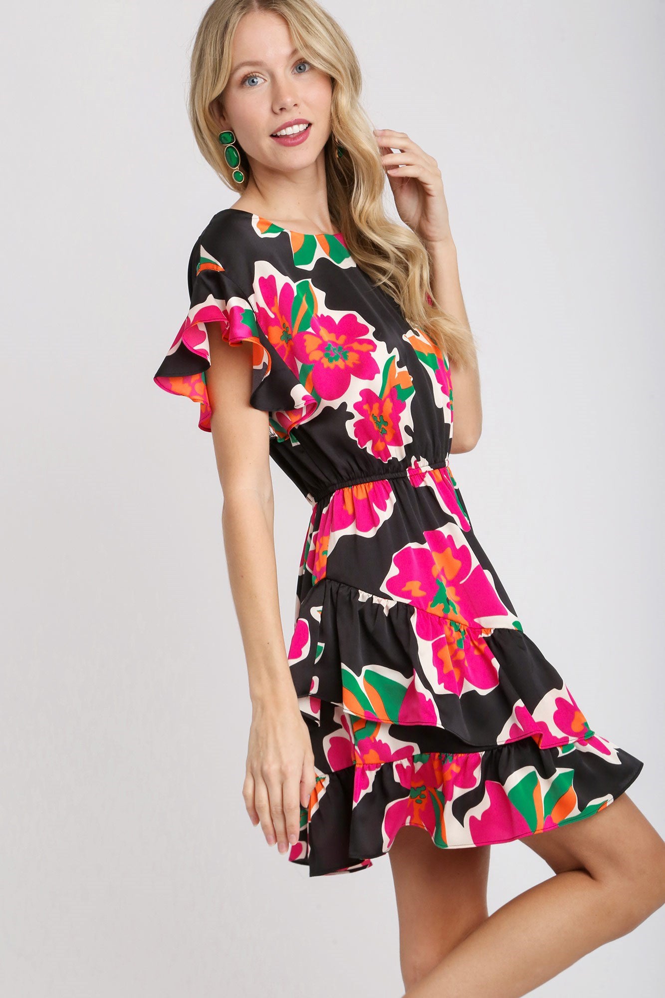 Asymmetrical Floral Satin Dress