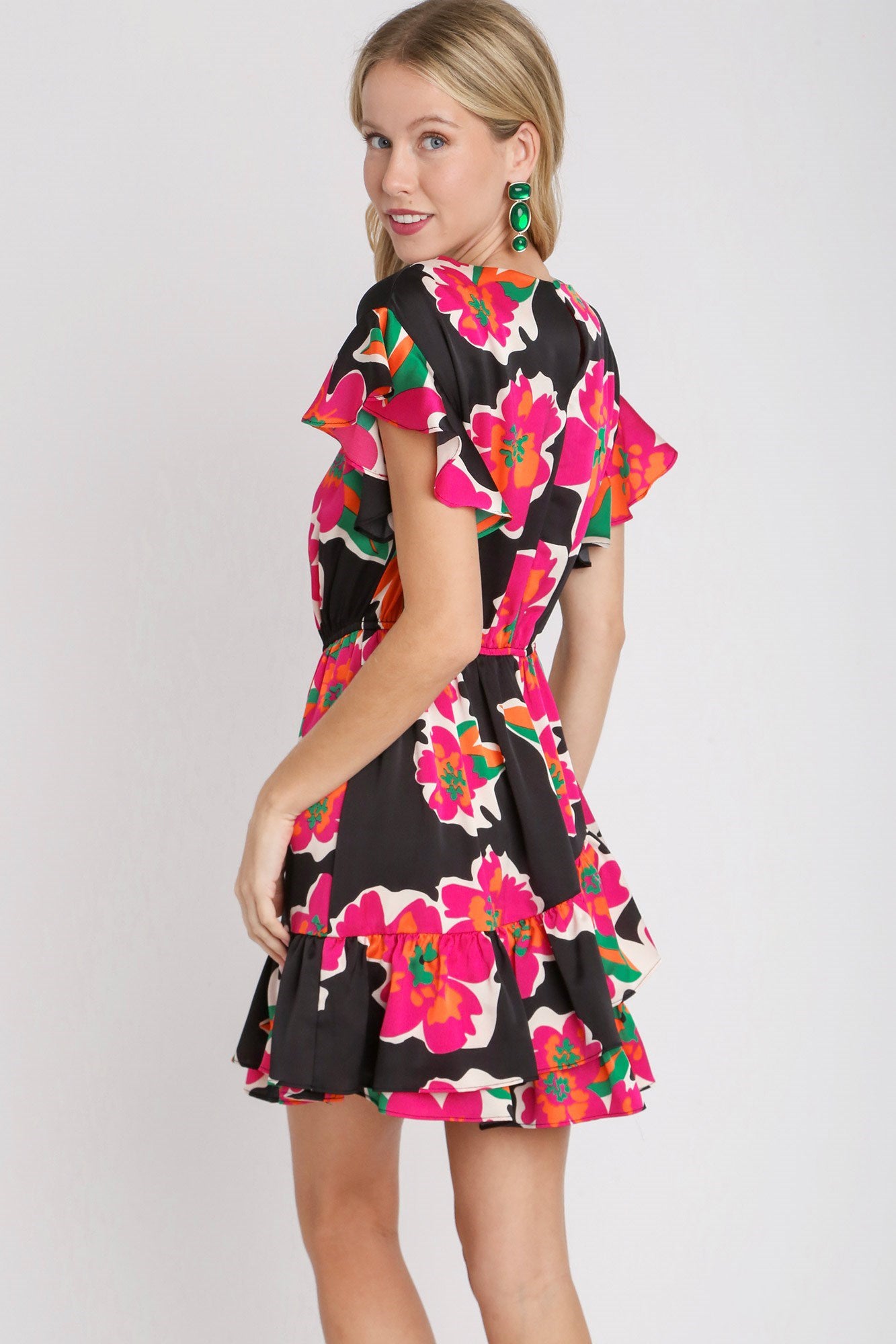 Asymmetrical Floral Satin Dress