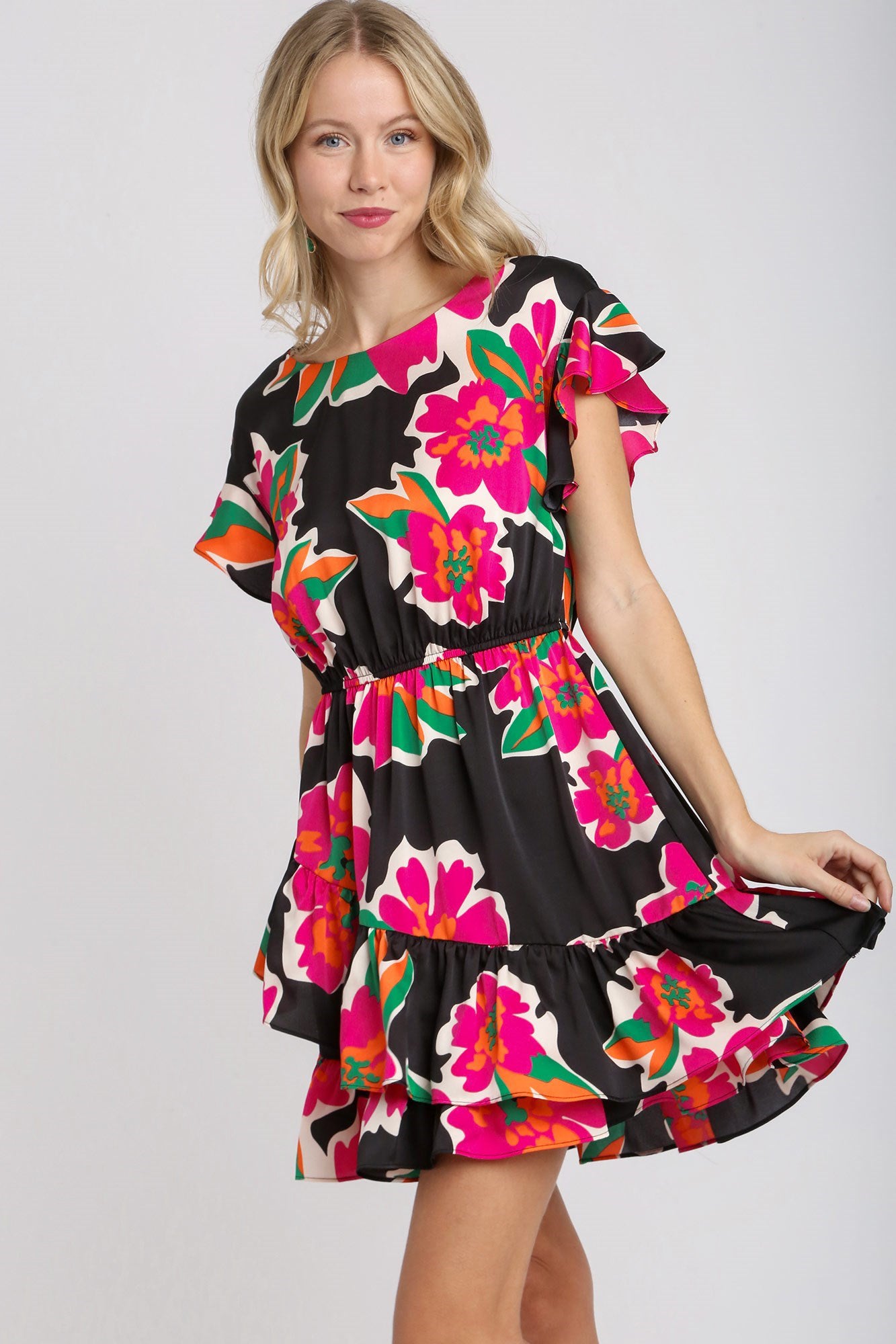 Asymmetrical Floral Satin Dress