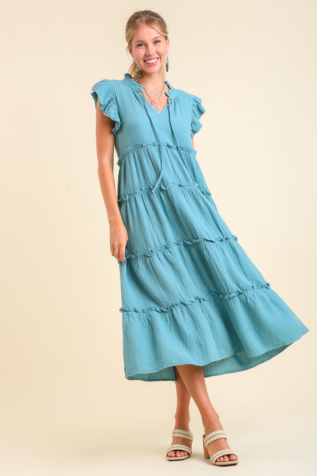 Tiered Ruffle Sleeve Front Tie Dress