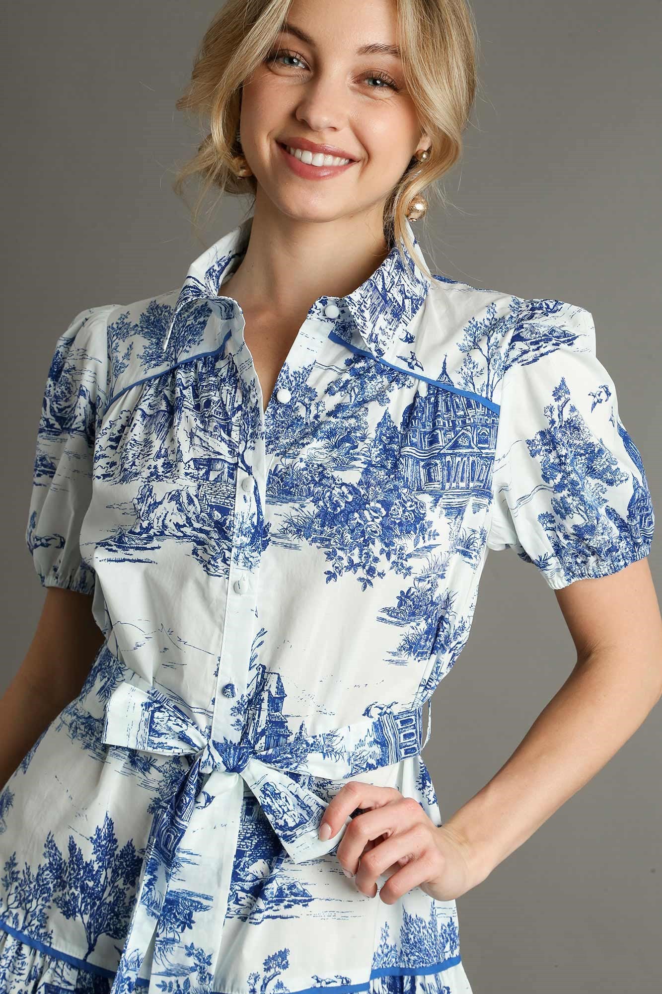Button Down Landscape Print Dress