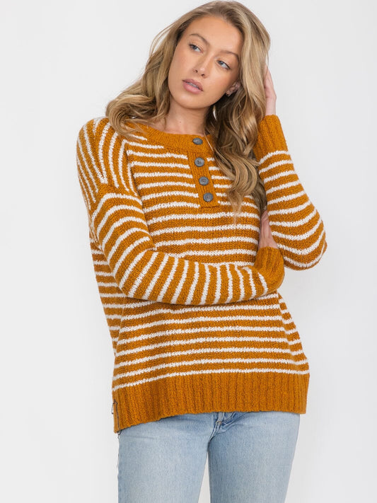 Quarter Button Striped Sweater