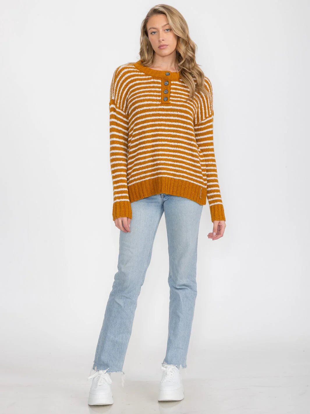 Quarter Button Striped Sweater