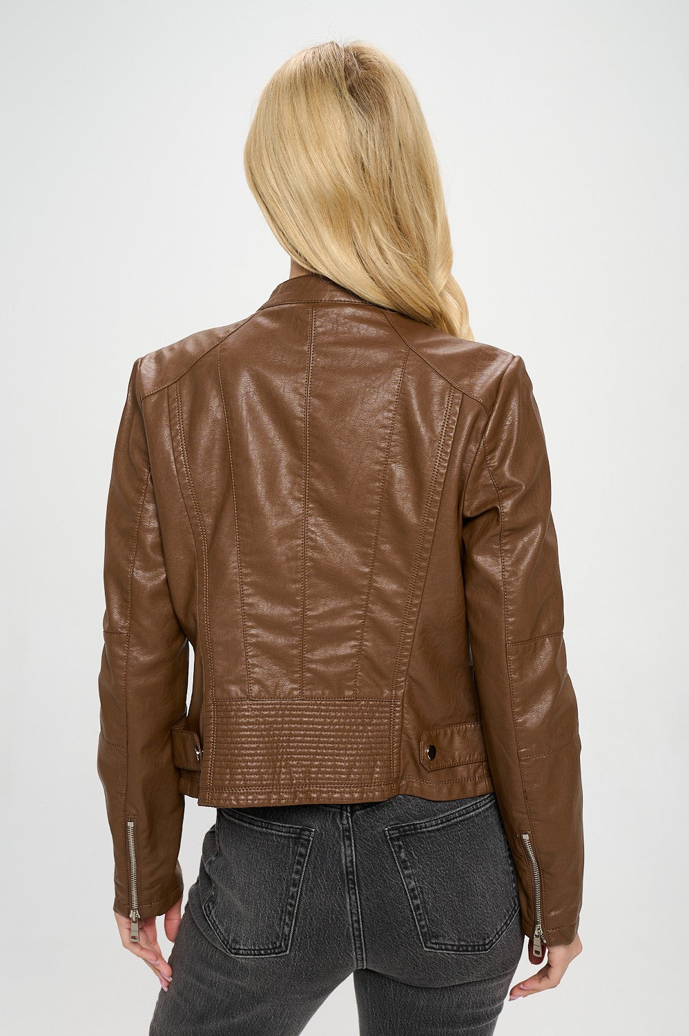Floral Print Lining Vegan Leather Jacket