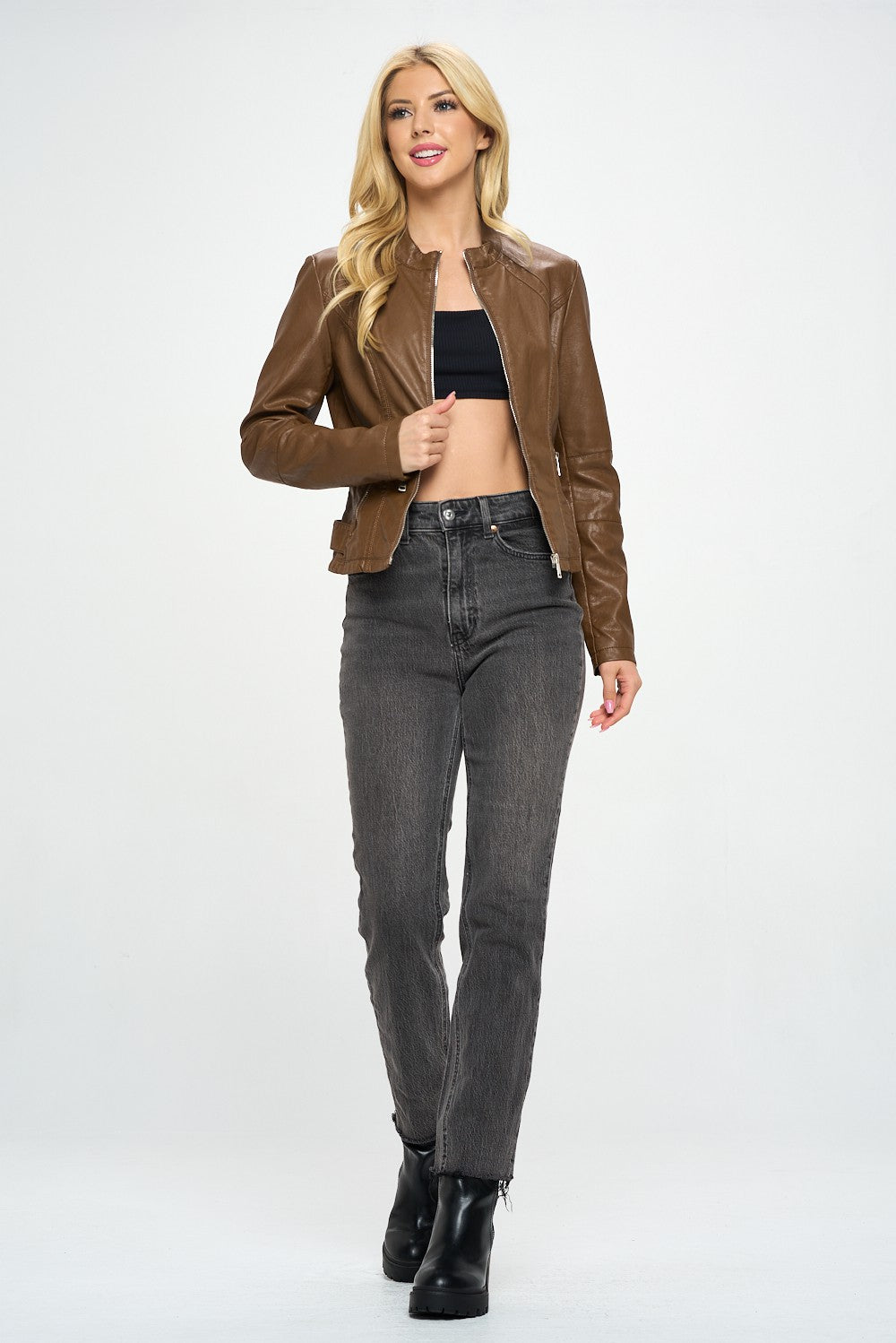 Floral Print Lining Vegan Leather Jacket