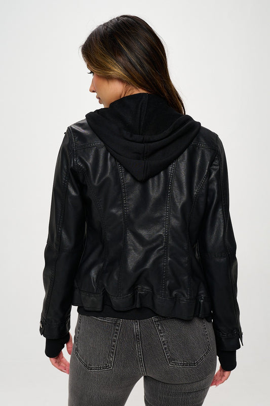 Bomber Jacket with Inset and Hood - Black