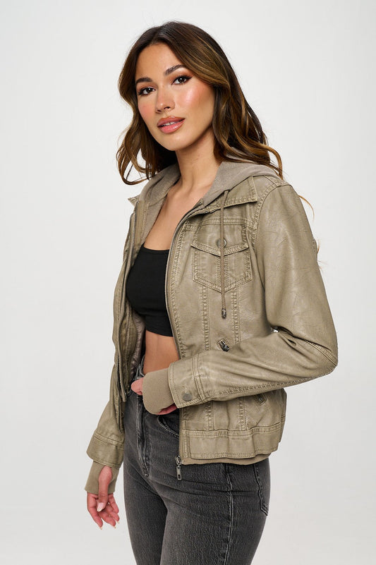 Bomber Jacket with Inset and Hood - Gray