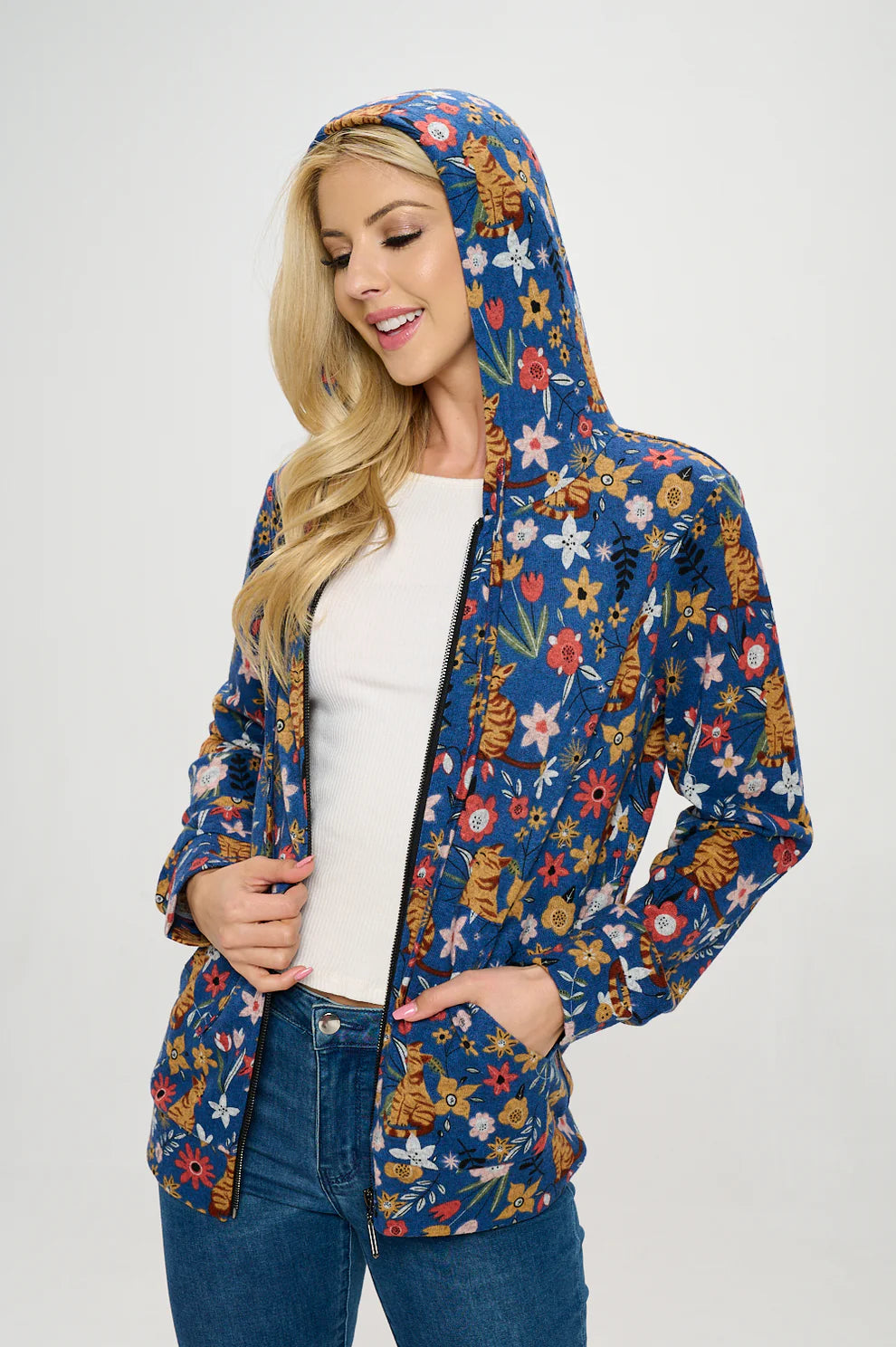 Floral Cat Zip Hoodie