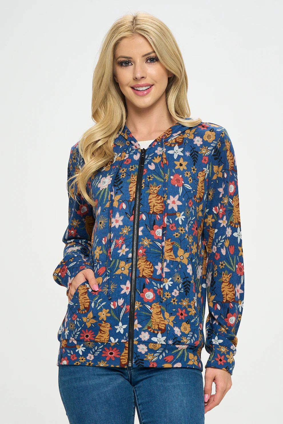 Floral Cat Zip Hoodie