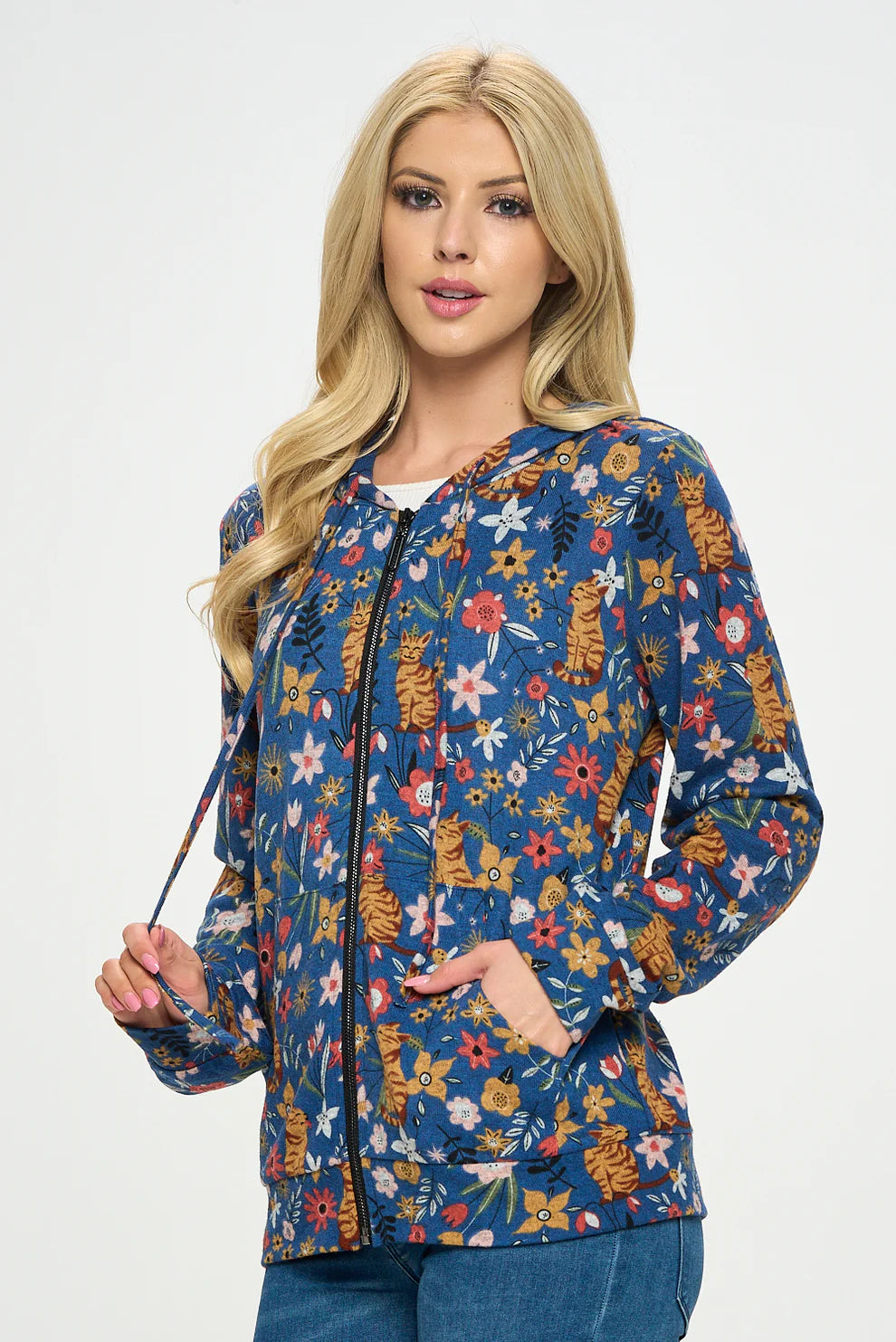 Floral Cat Zip Hoodie