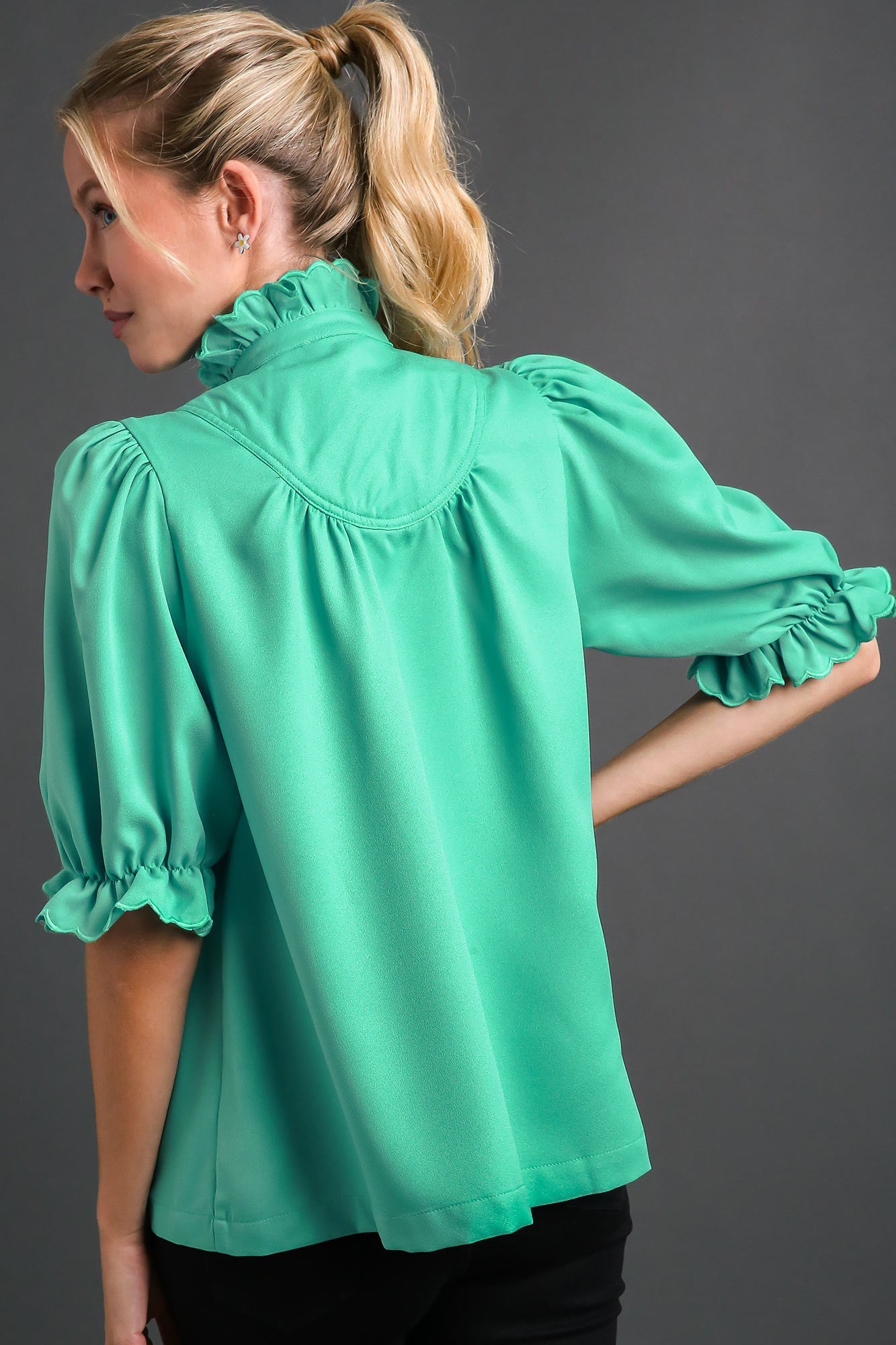 Scalloped High Neck Button Top