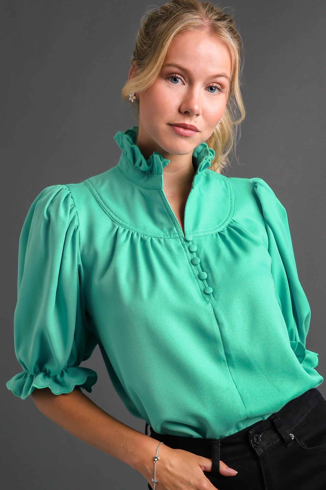 Scalloped High Neck Button Top