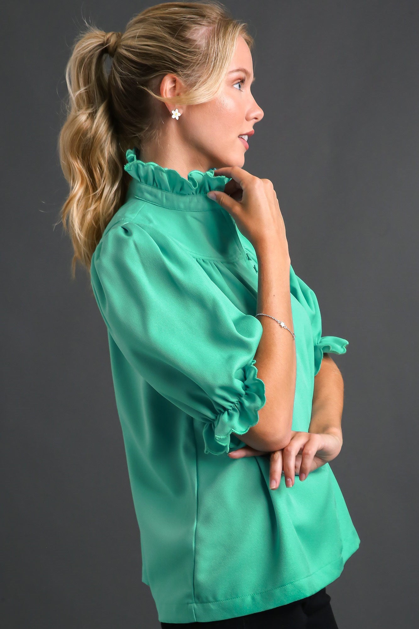 Scalloped High Neck Button Top