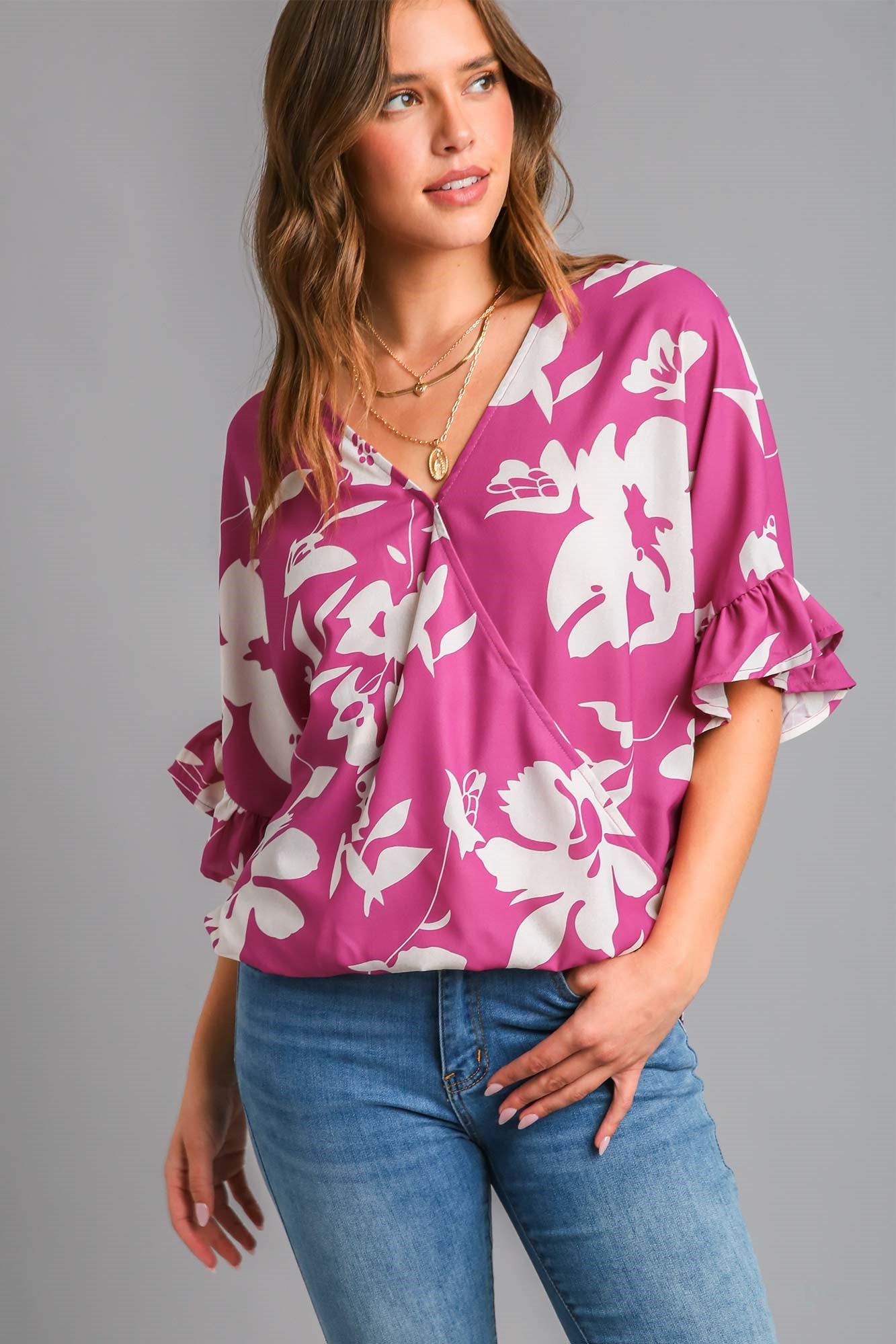 Bell Sleeve Crossover Floral Top