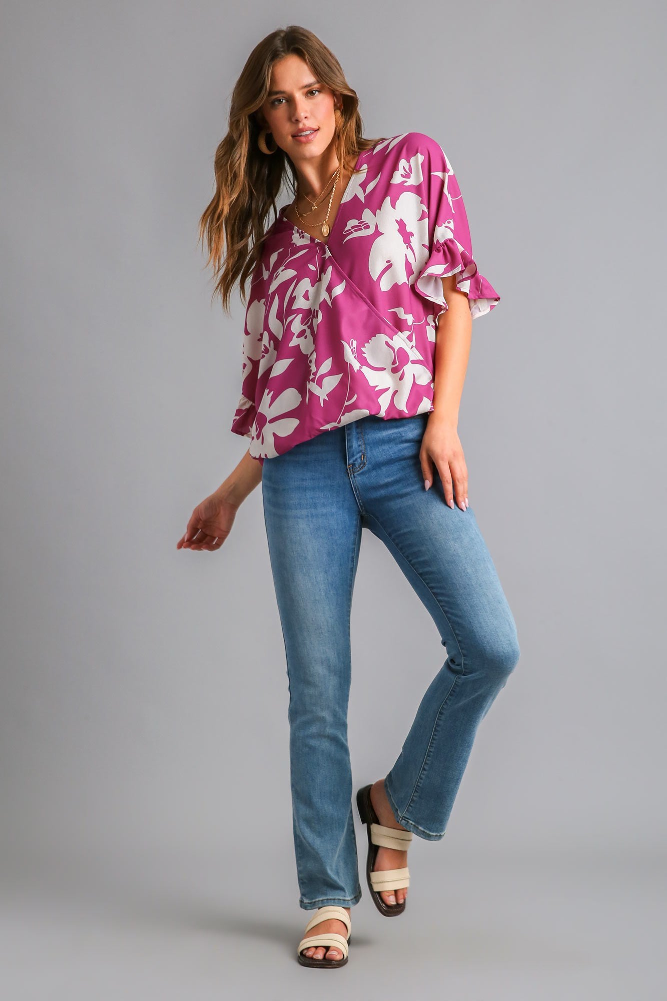 Bell Sleeve Crossover Floral Top