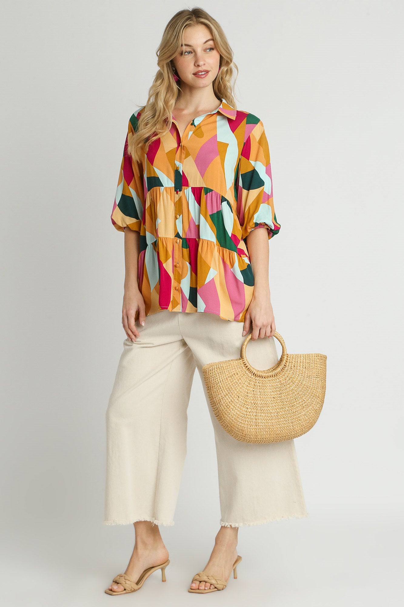 Tiered Button Down Abstract Top