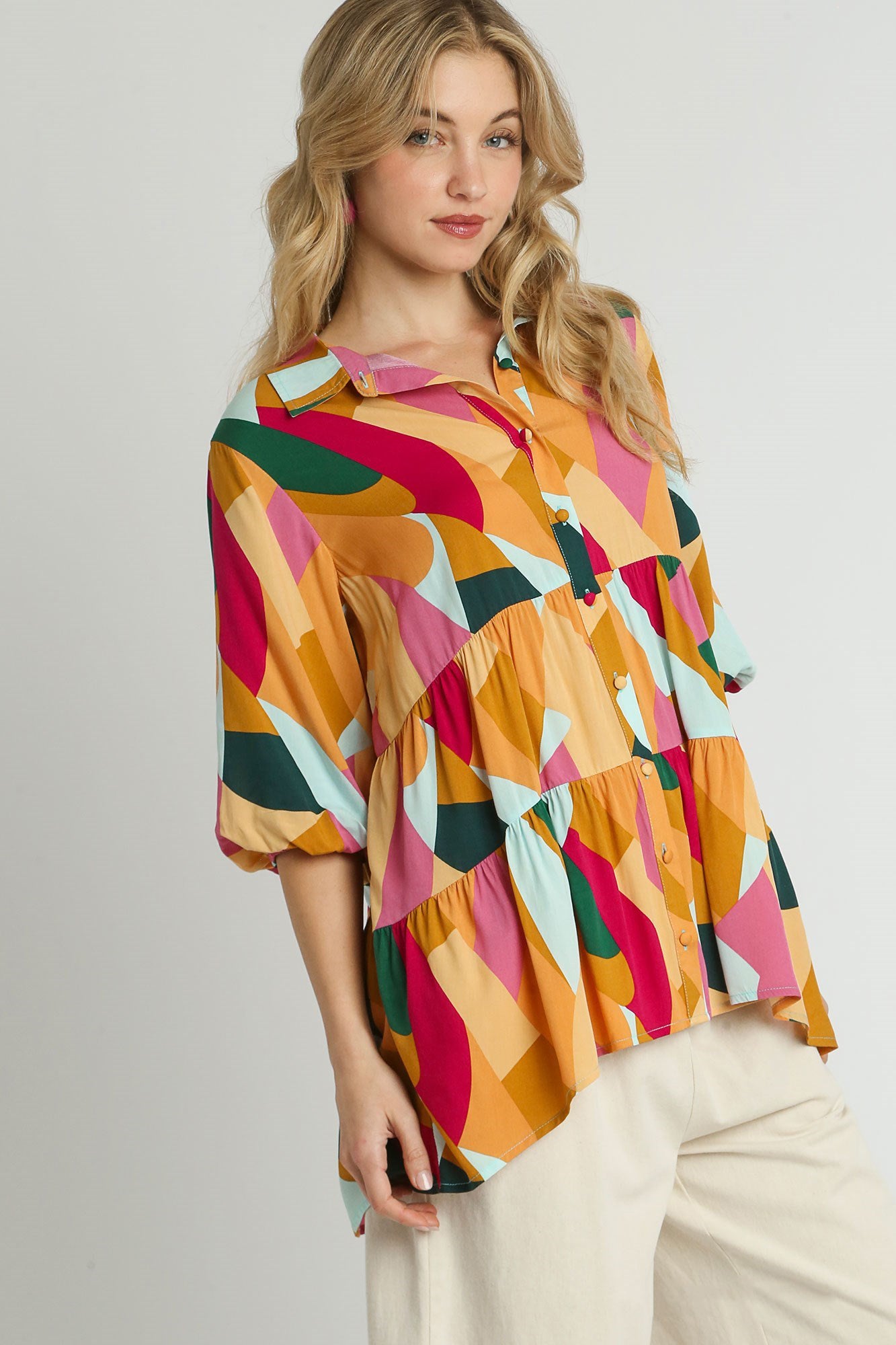 Tiered Button Down Abstract Top
