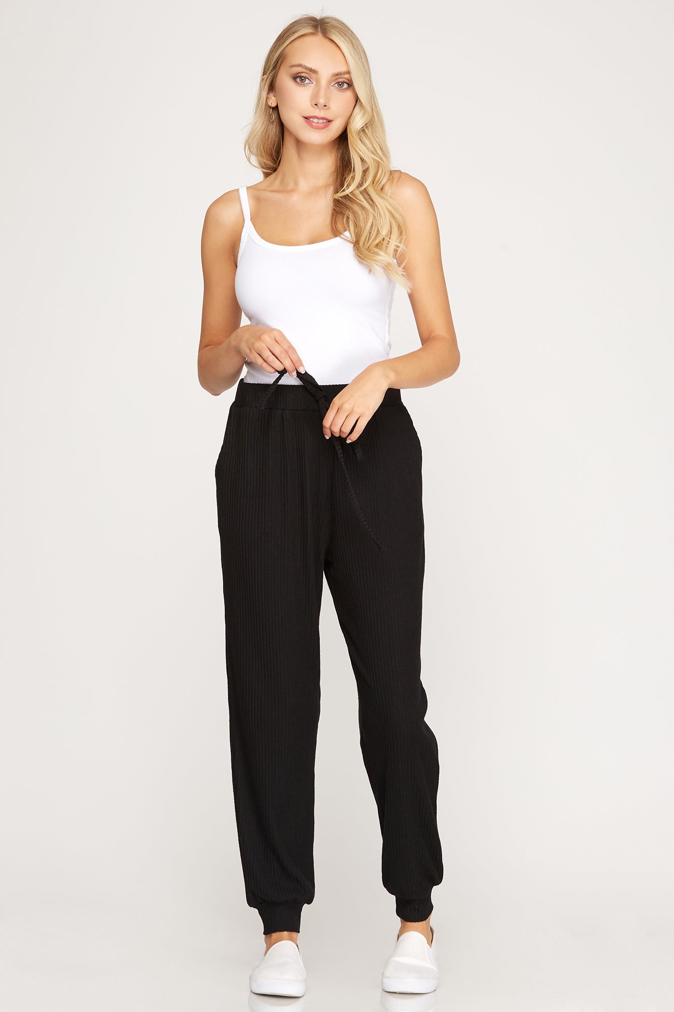 Rib Knit Jogger Pants - Black