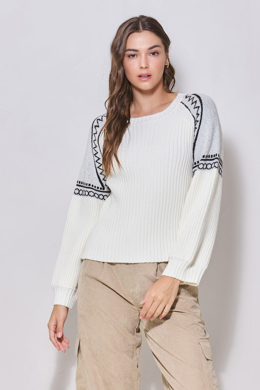 Embroidered Contrast Sleeve Sweater