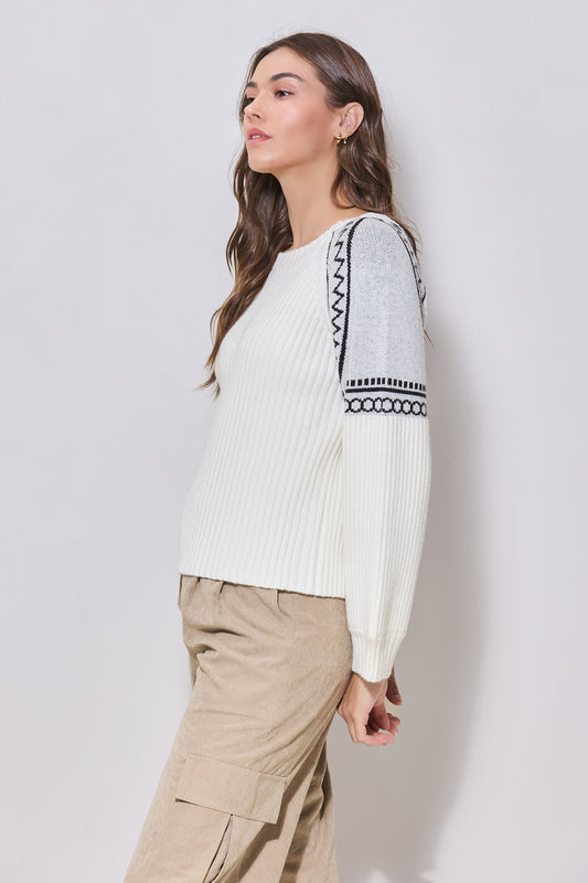 Embroidered Contrast Sleeve Sweater