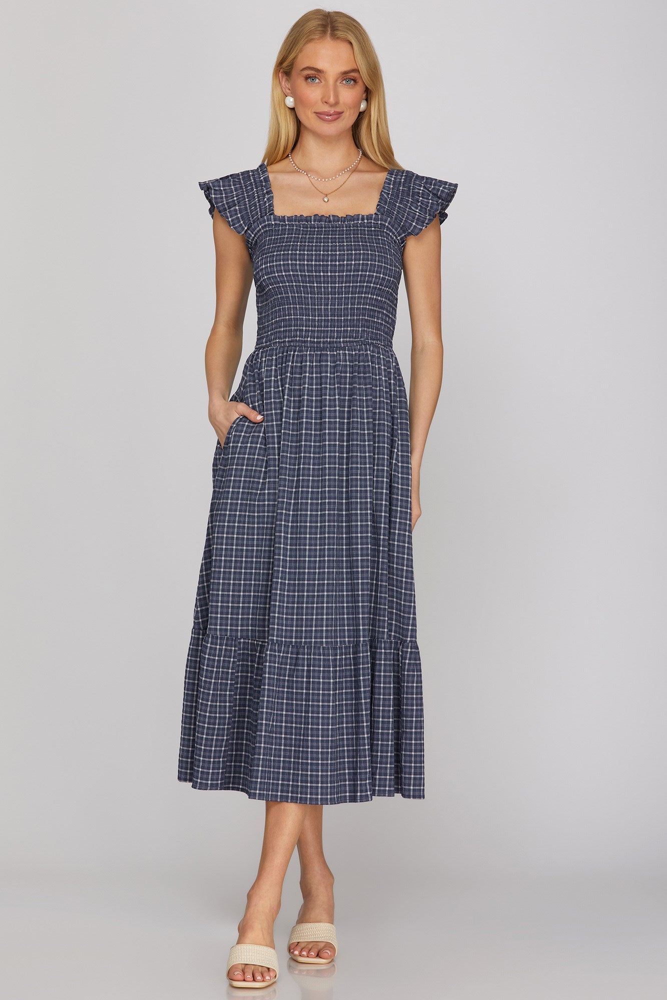 checkered midi dress Smocked L / NAVY Color:Teak Kendra Lust Mini Dress hugging fit that emphasizes crepe fabrics