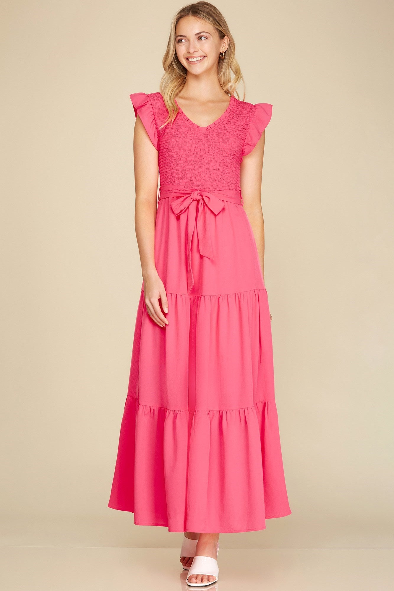 Short Sleeve Hot Pink Smocked Top