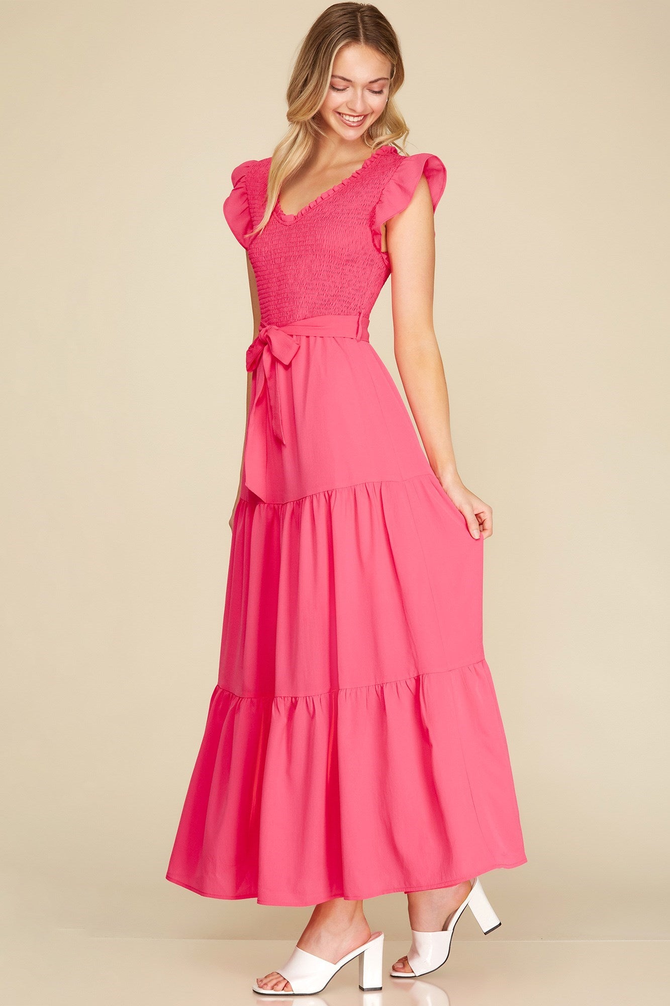 Short Sleeve Hot Pink Smocked Top