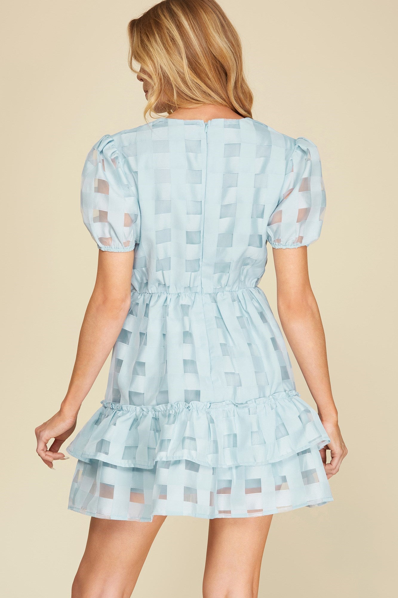 Half Puff Sleeve Checkered Ruffle Dress