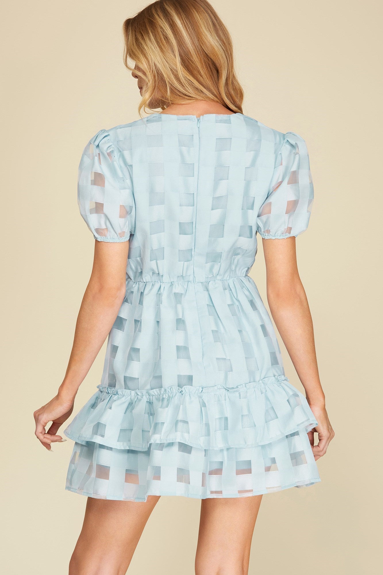 Half Puff Sleeve Checkered Ruffle Dress