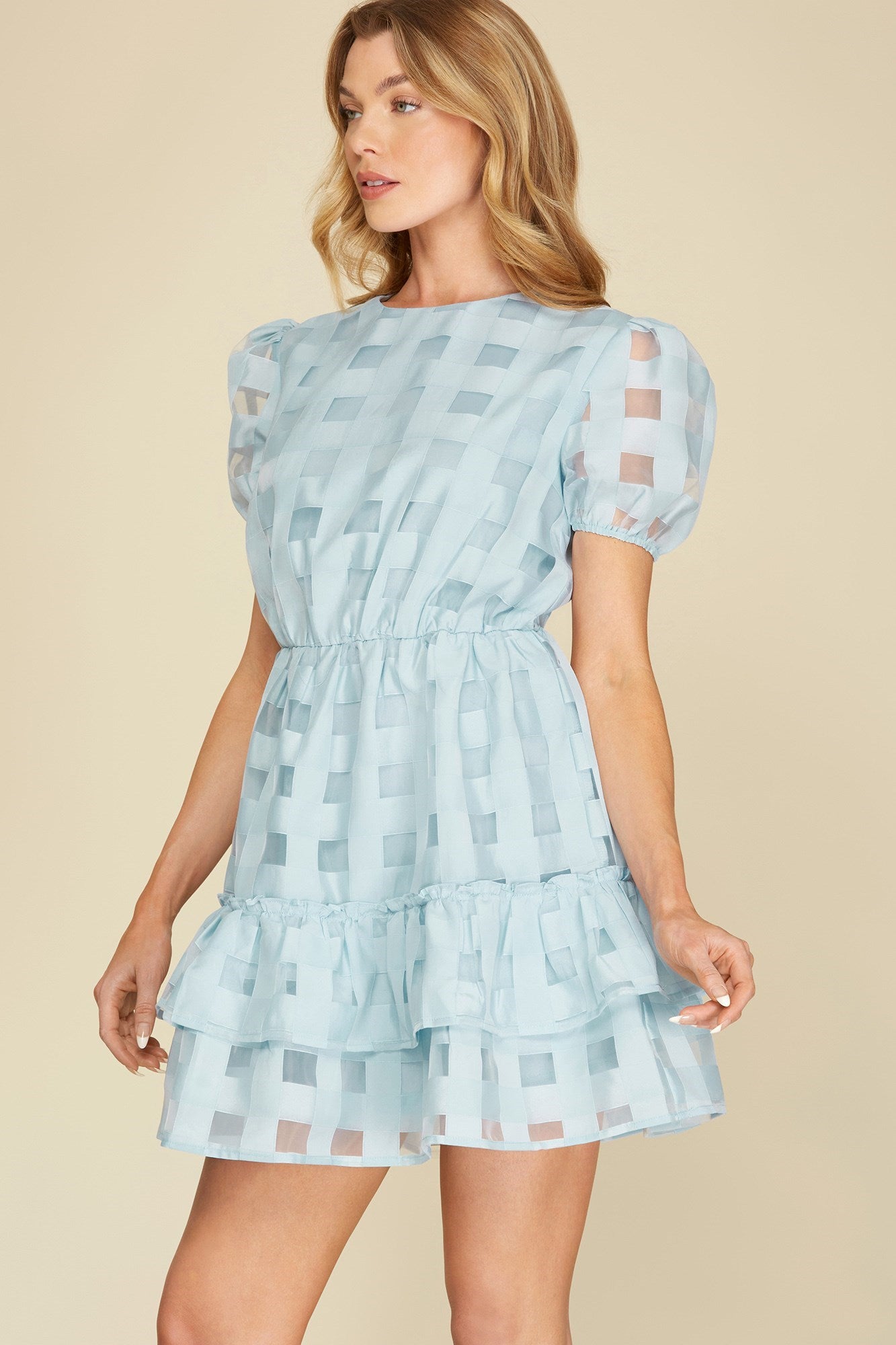 Half Puff Sleeve Checkered Ruffle Dress