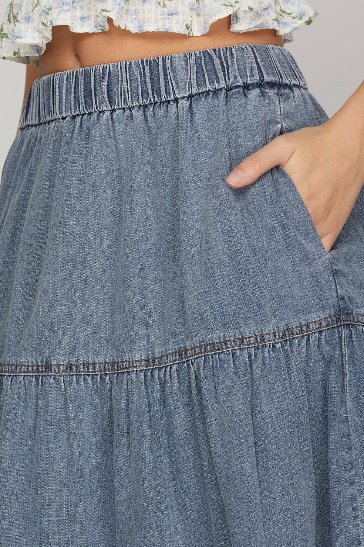 Washed Denim Tiered Skirt