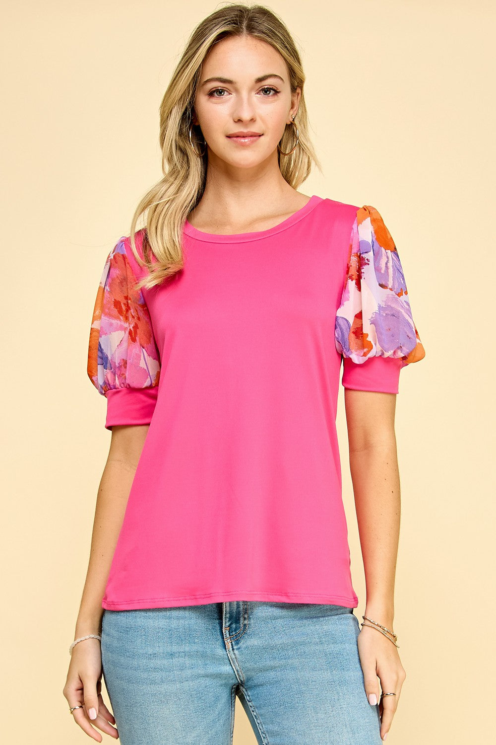 Short Floral Sleeves Fuchsia Top