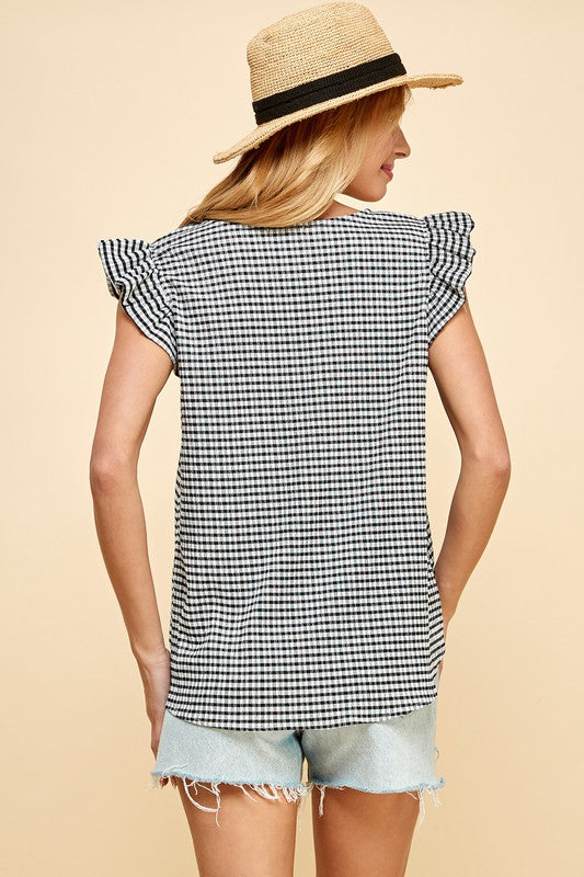 Ruffle Sleeve Checkerboard Print Top