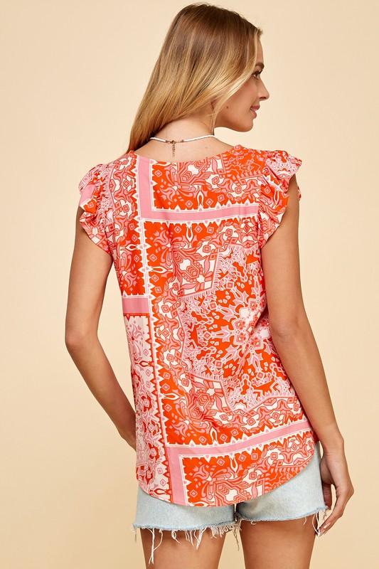 Tribal Print Ruffle Sleeve Coral Top