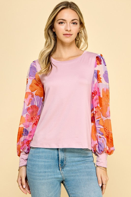 Puffed Floral Print Long Sleeve Top