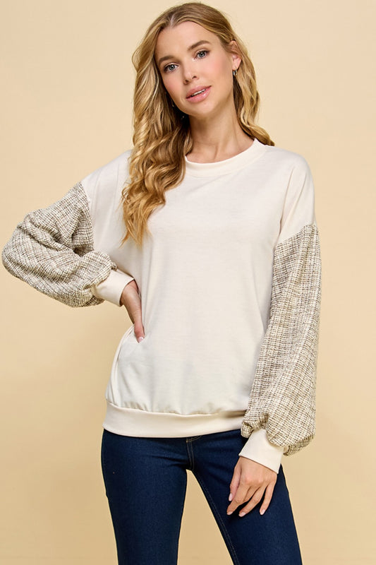 Tweed Sleeve Sweatshirt - Beige