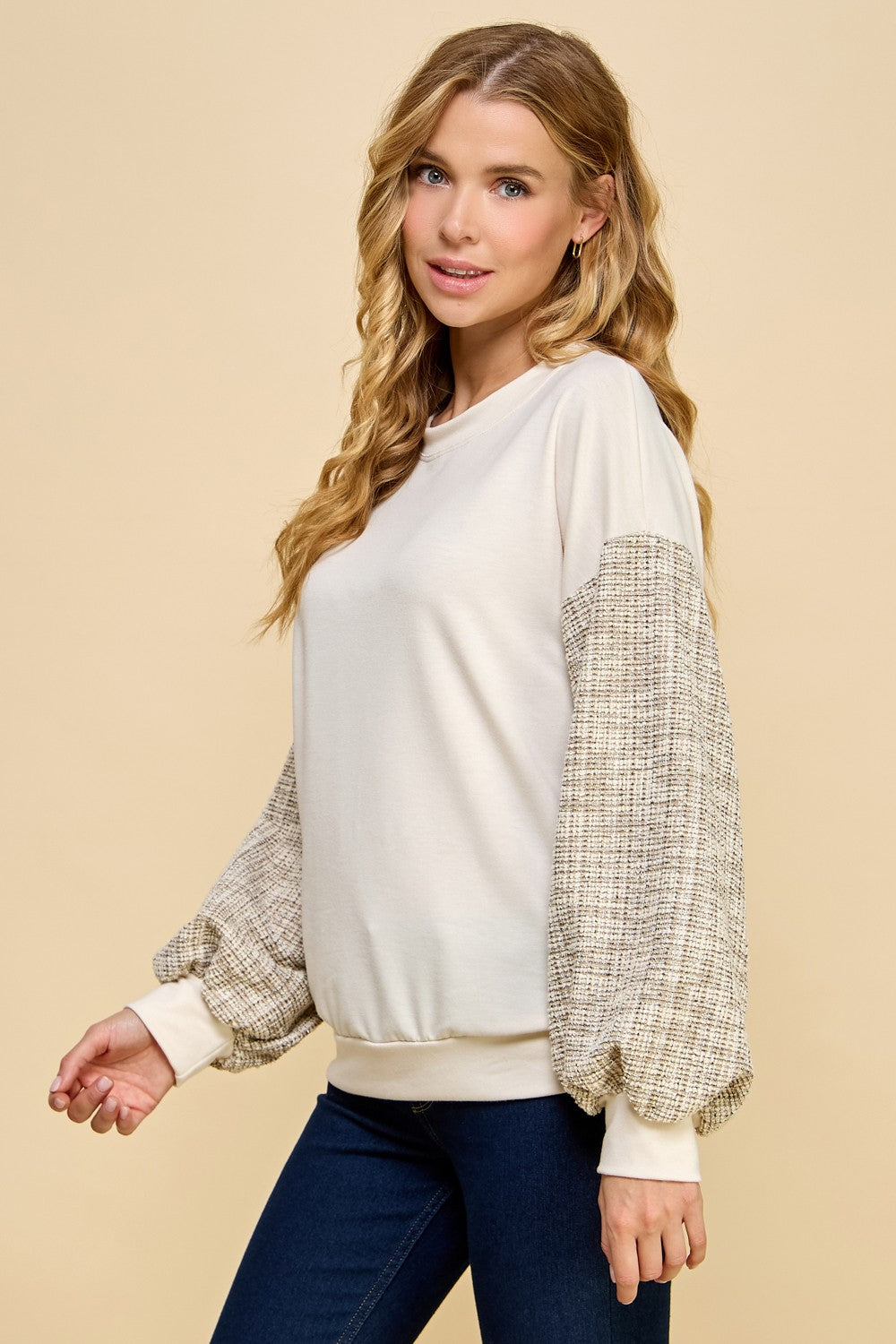 Tweed Sleeve Sweatshirt - Beige