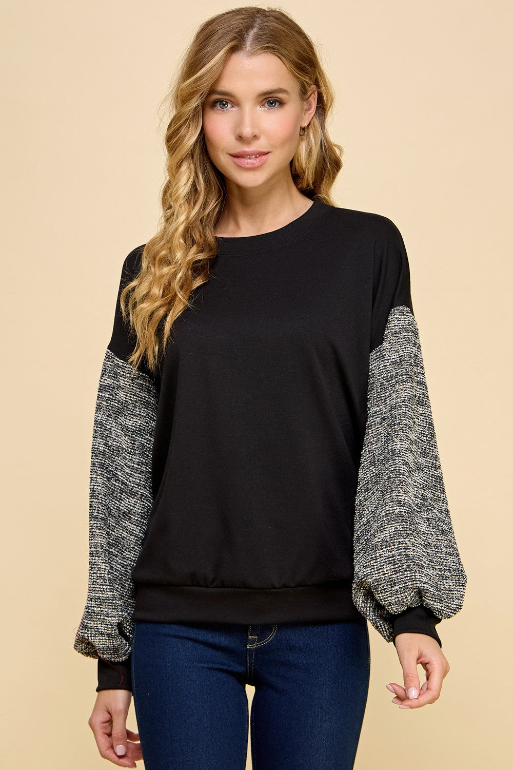 Tweed Sleeve Sweatshirt - Black