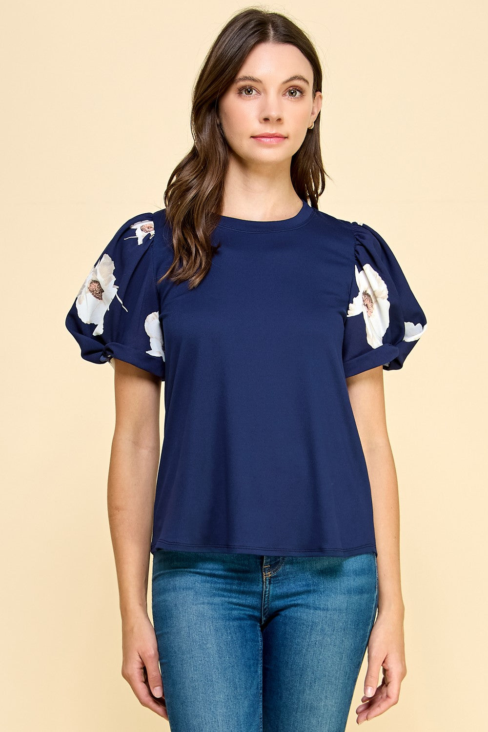 Navy Floral Puff Sleeves