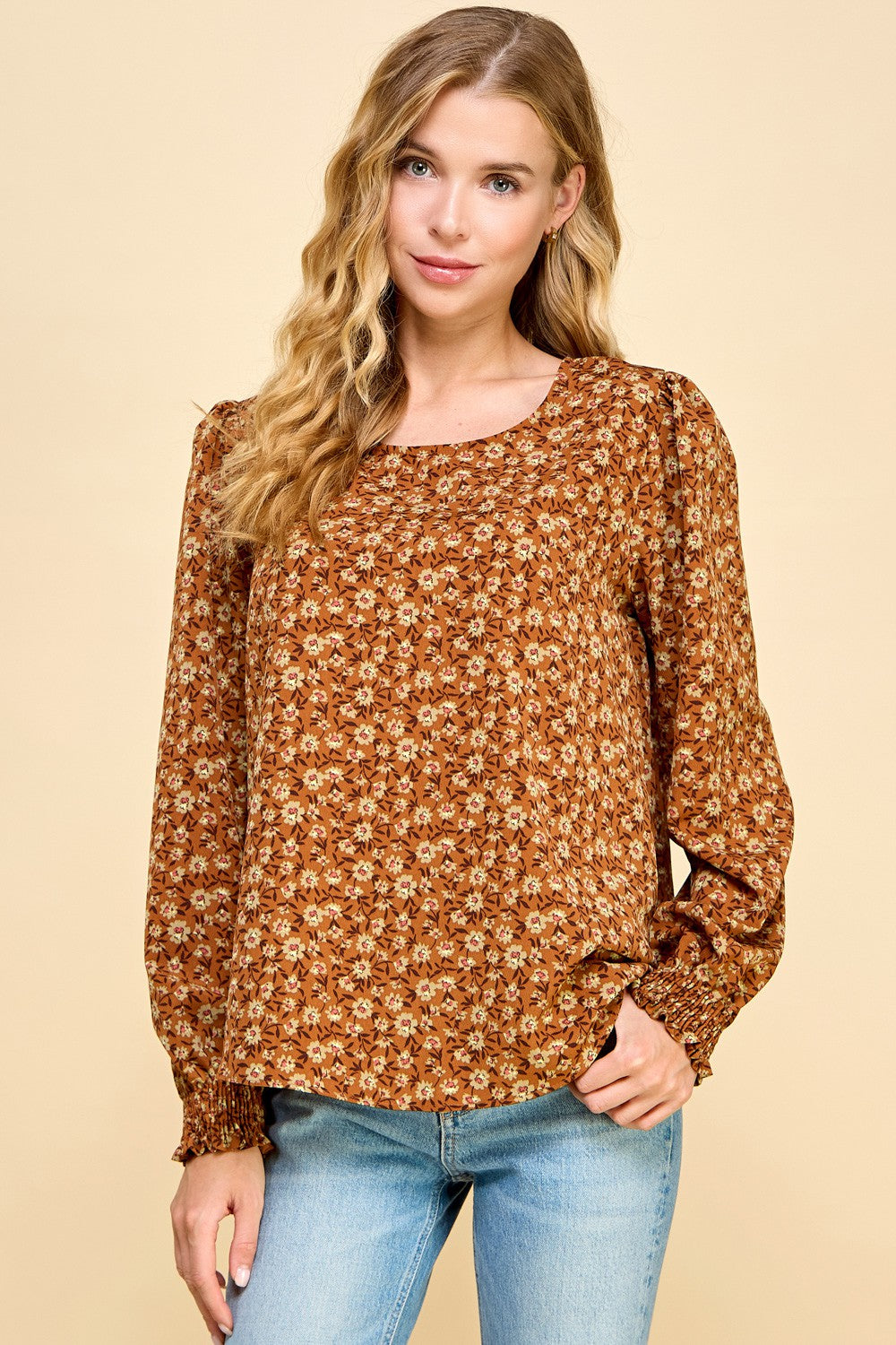 Smocked Detail Floral Top